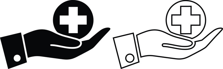 Healthcare support glyph icon with hands holding a heart and medical cross symbol. Healthcare, first aid, and medicine icon.