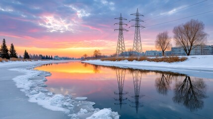 Winter sunset sky reflecting on river and power lines