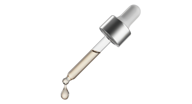 Isolated Glass Pipette Dropper with Silver Cap and Cosmetic Liquid Drop Falling