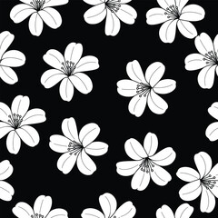 Seamless White Outline Floral Pattern on Black Background