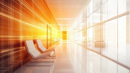 Modern architectural corridor with glowing digital information network