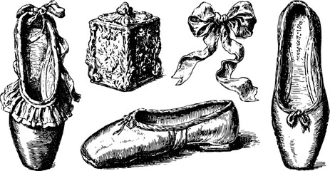 Obraz premium Ballet shoes in classic style with vintage illustration. Elegant details represented in this vector illustration set.