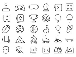 PlayGrid Outline Pack – 30 Minimal Game & Recreation Icons, Clean Vector Line UI Set