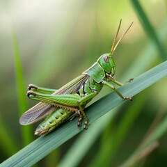 Close-up of a vibrant green grasshopper resting on a grass blade