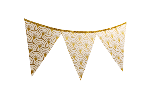 Gold art deco pattern bunting banner with three triangle flags on glitter string, isolated on a transparent background