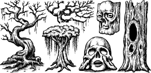 Vintage silhouette illustration of trees and skulls in a hand-drawn style. This black and white vector set features intricate details and unique aesthetics.