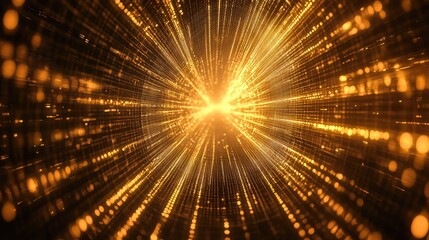 Digital data radiating through futuristic golden light tunnel