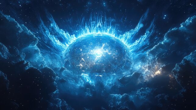 Blue glowing star creating energy in space nebula - Powered by Adobe