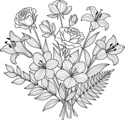 Elegant floral bouquet line art with roses, lilies, and detailed leaves for botanical, tattoo, coloring, and decorative design use