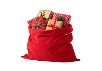 Red Santa sack filled with colorfully wrapped Christmas presents and gifts, isolated on a transparent background