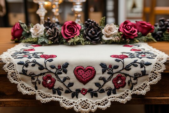 Decorative embroidered table runner with heart floral patterns lace edge festive centerpiece rustic handmade textile traditional romantic home decor