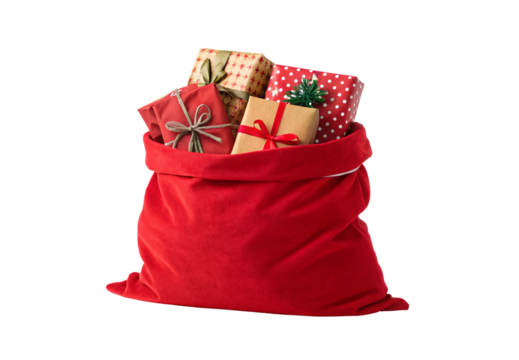 Red Santa sack filled with colorfully wrapped Christmas presents and gifts, isolated on a transparent background