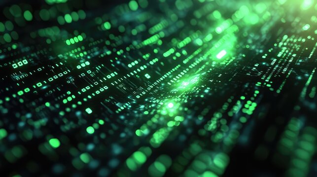 Digital data flowing on green binary circuit board