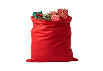 Large red Christmas sack containing wrapped gifts and evergreen pine branches, isolated on a transparent background