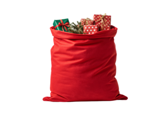 Large red Christmas sack containing wrapped gifts and evergreen pine branches, isolated on a transparent background