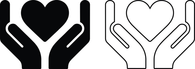 Heart in hand icons set. Caring hands holding heart icon. Love, Support, Health and Protection Symbol Flat Vector.
