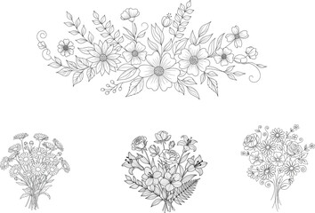 Set of four floral bouquet line art illustrations with daisies, poppies, roses, and leaves for coloring and decorative use