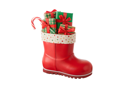 Red Santa boot filled with wrapped presents and candy cane decorations, isolated on a transparent background