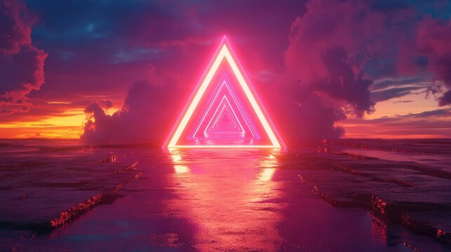Neon glowing triangle portal leading to futuristic sunset landscape