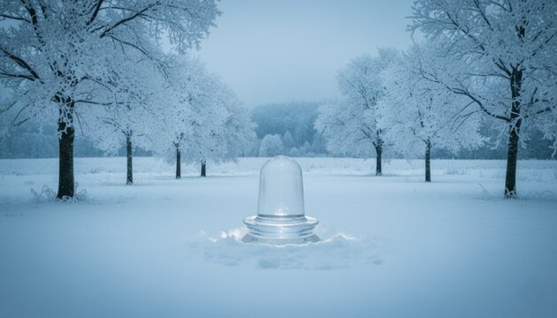 Transparent quartz Shiva Linga in a snowy winter meadow with frost-coated trees at dawn