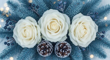 Elegant winter arrangement featuring white roses, pine cones, and blue spruce branches for a festive holiday decoration