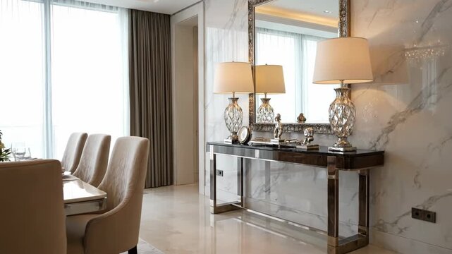 Elegant dining room with large table, chairs, chandelier, and decorative console table
