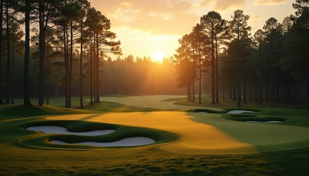 Golden sun shines across golf course at twilight. Tall pine trees frame beautiful scene. Fairways, greens glow with warm light. Smooth sand bunkers visible on well-kept grounds. Nature, sport combine