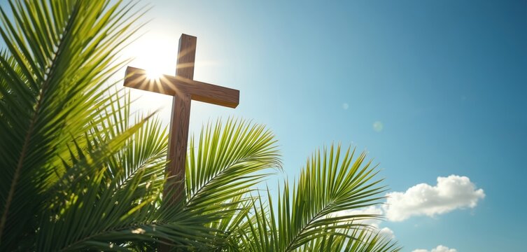 Wooden cross against clear blue sky with sun rays. Green palm leaves frame the scene. Holy symbol of christianity, resurrection, faith and hope.