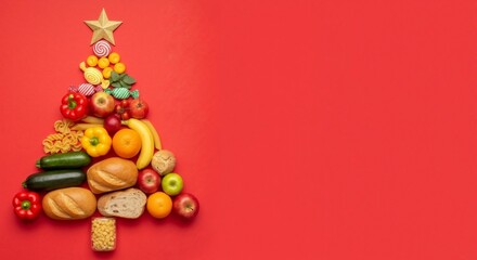 Creative Christmas tree made of food on a red background. Festive holiday flat lay with fruits, vegetables, bread, and pasta. Healthy eating and food donation concept with copy space