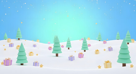 Obraz premium Cute Minimal 3D Winter Landscape with Pastel Colored Christmas Trees Gifts and Snow Scene Background Illustration Banner
