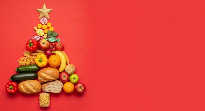 Creative Christmas tree made of food on a red background. Festive holiday flat lay with fruits, vegetables, bread, and pasta. Healthy eating and food donation concept with copy space - Powered by Adobe