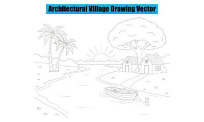 Rural Homes and Mountain Landscape Outline Vector Set