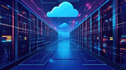 Cloud computing data center with server racks and network