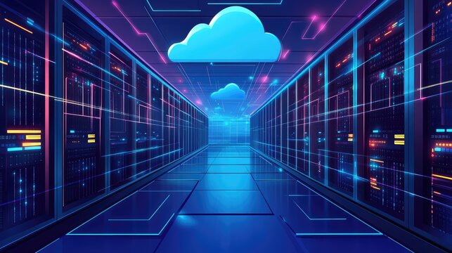 Cloud computing data center with server racks and network