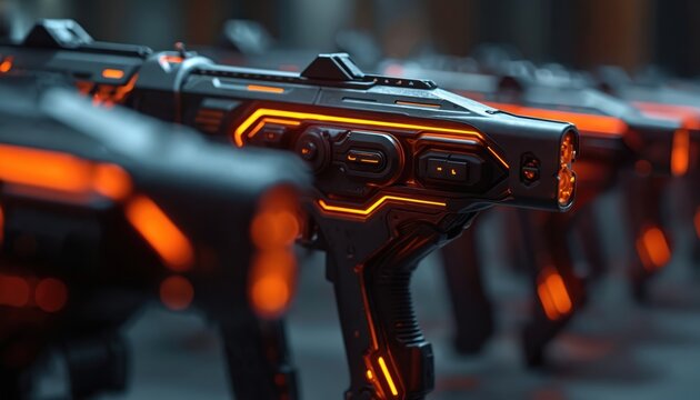 Line of futuristic sci-fi weapons glows with orange light. Modern tech guns show advanced military design, poised for action, battle. Laser rifles arm space soldiers for future combat, virtual gaming.