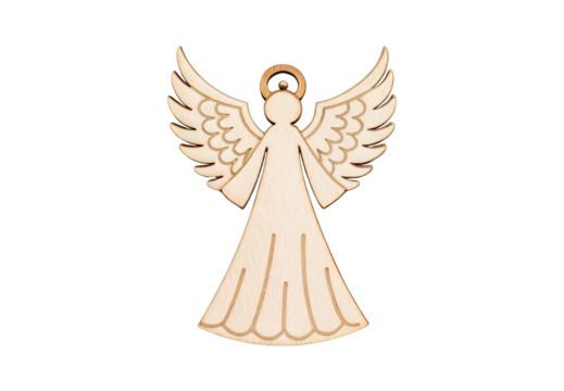 Wooden angel ornament with wings and halo holiday decoration piece, isolated on a transparent background