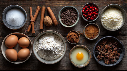 Overhead view of baking ingredients in bowls on a wooden surface for food preparation