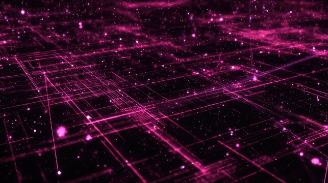 Digital network grid connecting glowing data points in cyberspace
