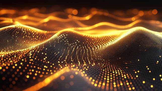 Golden digital waves flowing with illuminated data particles