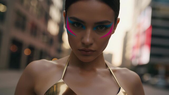 A beautiful woman with futuristic makeup has an intense gaze for the camera.