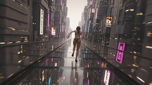 A woman with glowing tattoos runs fast on a glass bridge in a cyberpunk city.