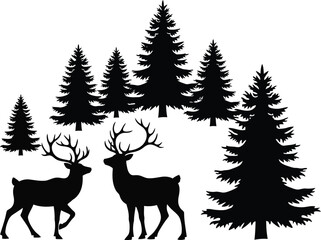 Fototapeta premium Silhouette of reindeer in a forest of pine trees, creating a winter wonderland scene for the holiday season