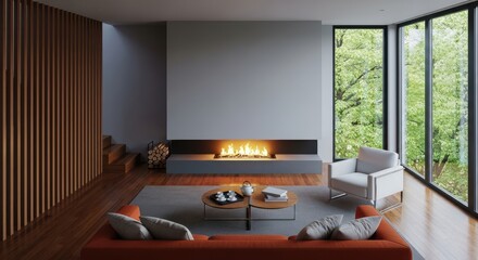 Spacious modern living room with a large fireplace, comfortable seating, and floortoceiling windows offering a view of lush greenery
