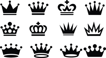 Royal Crown Icons Collection. Black and white King, Queen, and Majestic Symbol Vector Set. © Mdibrahim