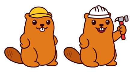 Cute cartoon construction worker beaver, mascot character with yellow cap and hammer and hard hat. Isolated vector clip art illustration. © sudowoodo