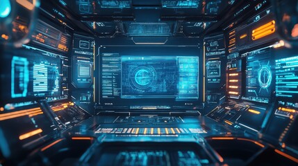 Spaceship cockpit interior displaying advanced holographic data interface