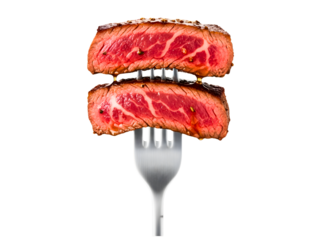 Two slices of mediumrare steak on a fork isolated on transparent background