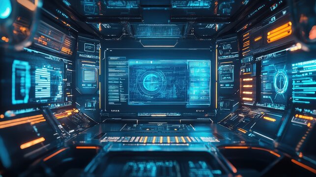 Spaceship cockpit interior displaying advanced holographic data interface - Powered by Adobe