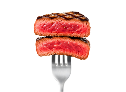 Two juicy grilled steak slices on a fork isolated on transparent background
