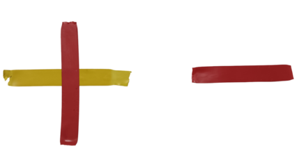 Handcrafted red and yellow plus and minus signs, symbolizing addition, subtraction, and contrasting concepts.